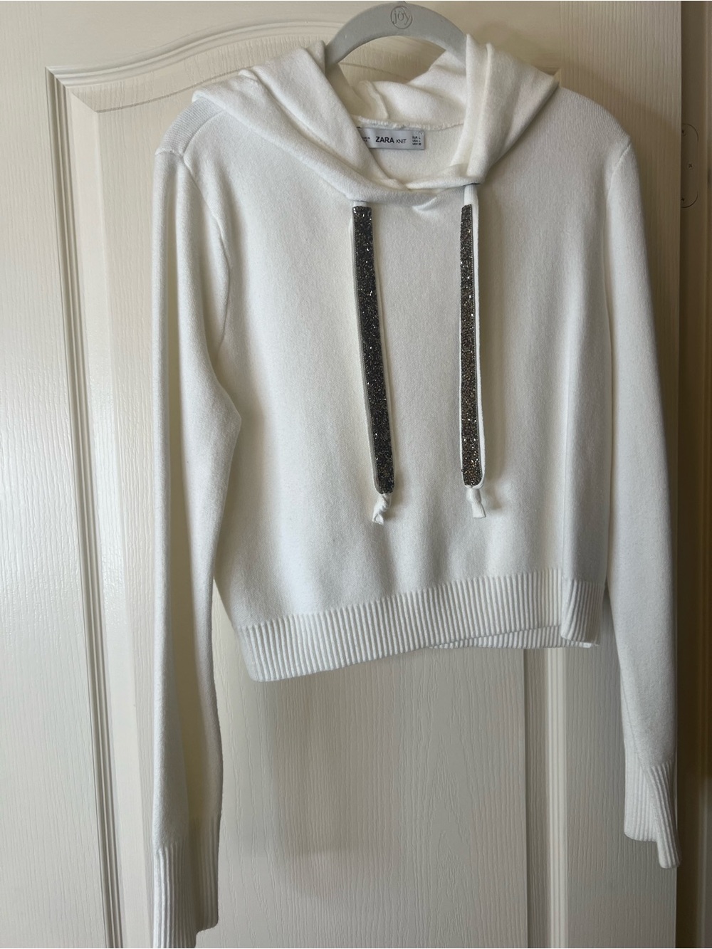 ZARA White Hooded Knit Sweater with Sparkle Drawcords